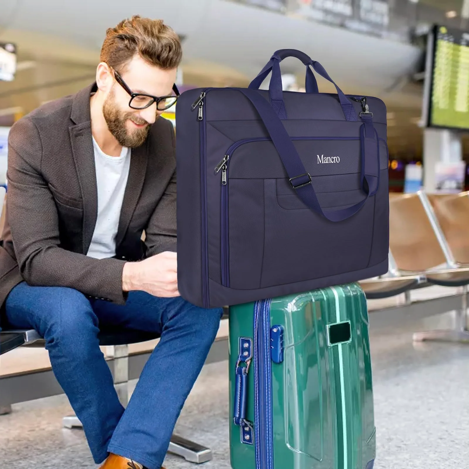 A suit folded once, carried flat, hung up on arrival.